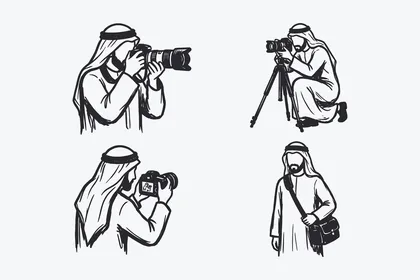 Icon of linear characters, a collection of icons of a Gulf Arab Saudi male photographer in black doing professional photography, wearing traditional attire, vector illustrator.