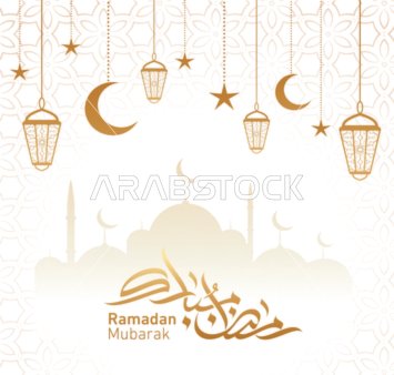 رمضان كريم باللغة العربية و الانجليزية باللون الذهبي, قالب تصميم رمضاني, زخارف اسلامية و فوانيس رمضان ، مناسبات دينية، خلفية بيضاء, فيكتور اليستريتور