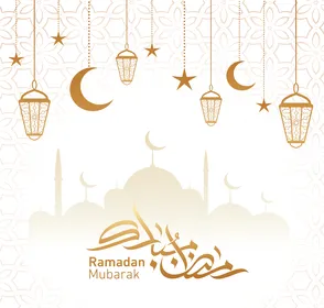 رمضان كريم باللغة العربية و الانجليزية باللون الذهبي, قالب تصميم رمضاني, زخارف اسلامية و فوانيس رمضان ، مناسبات دينية، خلفية بيضاء, فيكتور اليستريتور