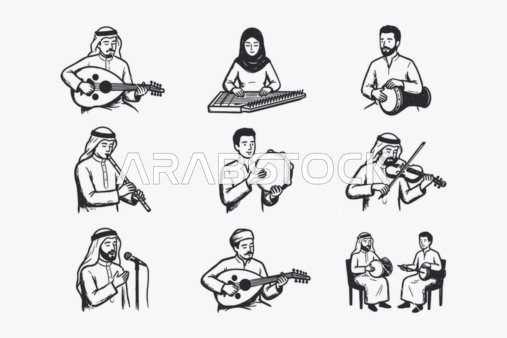Hand-drawn illustrations of an Arab music band playing traditional musical instruments, white background, vector illustrator.