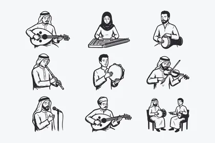 Hand-drawn illustrations of an Arab music band playing traditional musical instruments, white background, vector illustrator.