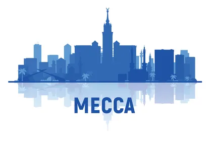 Vector of the city of Mecca in the Kingdom of Saudi Arabia in blue, text of the place name in English, places of worship and devotion, white background, vector illustrator.