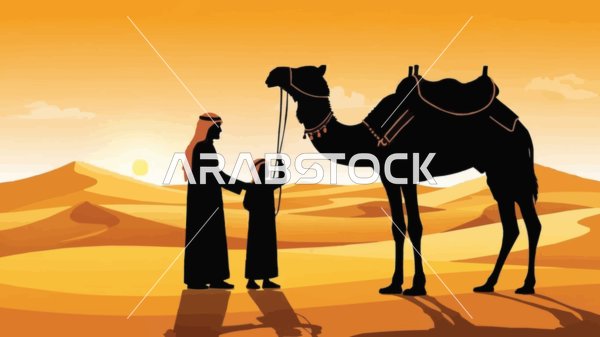 A father and his son with a camel at sunset in the desert, the soft golden sands, vector illustration.