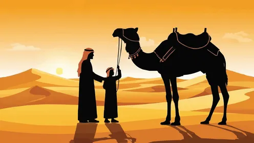 A father and his son with a camel at sunset in the desert, the soft golden sands, vector illustration.