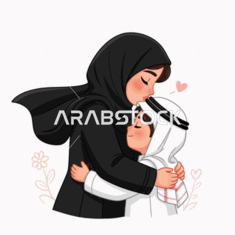 عناق دافئ بين امرأة وطفلها، خلفية بيضاء، مفهوم الامومة والحنان، فيكتور اليستريتور