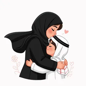 عناق دافئ بين امرأة وطفلها، خلفية بيضاء، مفهوم الامومة والحنان، فيكتور اليستريتور