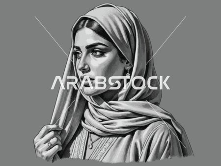 A traditional Arab woman wearing a hijab and jewelry, an illustration in shades of gray, gray background.