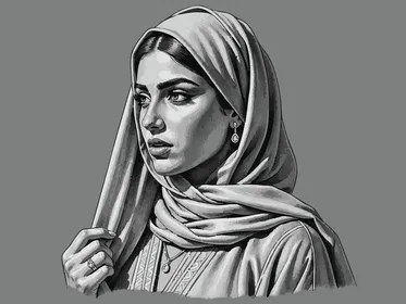 A traditional Arab woman wearing a hijab and jewelry, an illustration in shades of gray, gray background.