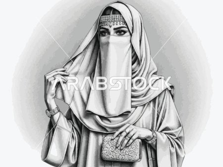 امرأة عربية تقليدية ترتدي الحجاب والمجوهرات ، رسم توضيحي بتدرجات الرمادي، خلفية رمادي، فيكتور اليستريتور