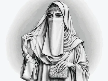 امرأة عربية تقليدية ترتدي الحجاب والمجوهرات ، رسم توضيحي بتدرجات الرمادي، خلفية رمادي، فيكتور اليستريتور