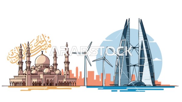 The contrast between Islamic heritage and modern sustainable architecture, an illustration of a city in a distinctive style, white background.