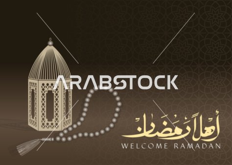 Ramadan greeting manuscript in Arabic in white color, Ramadan design template, Islamic religious holidays and occasions, decorations, lanterns, and Islamic accessories, black background, Illustrator vector.