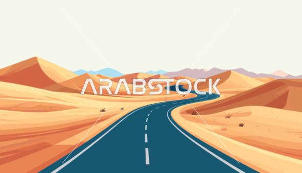 Asphalt road in the middle of the Saudi Arabian desert, soft sand dunes, vector illustration, calm natural background.