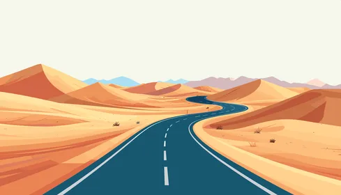 Asphalt road in the middle of the Saudi Arabian desert, soft sand dunes, vector illustration, calm natural background.