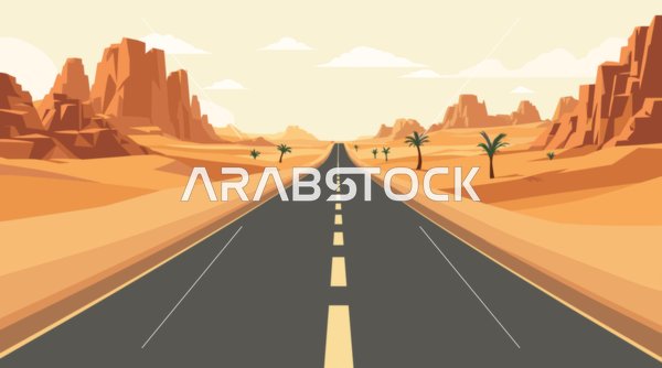 Asphalt road in the middle of the Saudi Arabian desert, soft sand dunes, vector illustration, calm natural background.