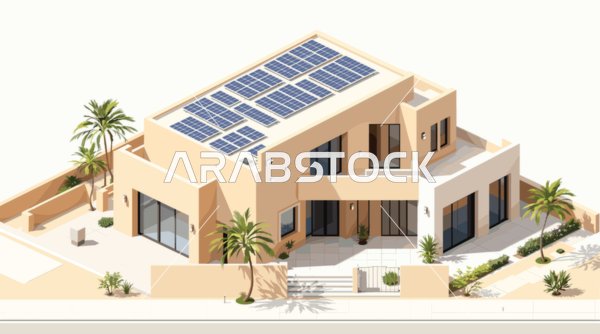 A modern Arab villa equipped with solar panels, a smart home system, vector illustration design.