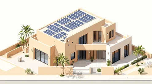 A modern Arab villa equipped with solar panels, a smart home system, vector illustration design.
