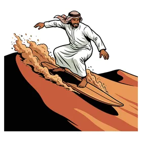 An illustration of a Saudi Arabian Gulf man wearing traditional attire skiing on the sand in the desert, the soft golden sands, vector illustrator.