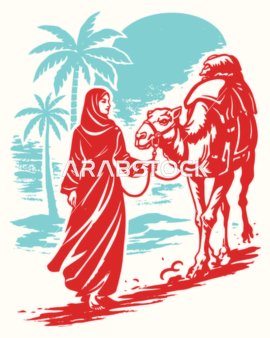 A graphic print of Arab culture and traditional travel using a camel, an Arab woman wearing an abaya walking with the camel.