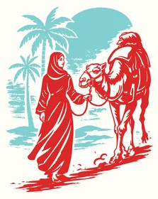 A graphic print of Arab culture and traditional travel using a camel, an Arab woman wearing an abaya walking with the camel.