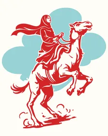 رسم توضيحي لامرأة عربية خليجية سعودية ترتددي عباءة تقوم بركوب حيوان الجمل ، فيكتور اليستريتور