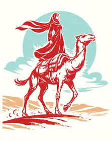 رسم توضيحي لامرأة عربية خليجية سعودية ترتددي عباءة تقوم بركوب حيوان الجمل ، فيكتور اليستريتور