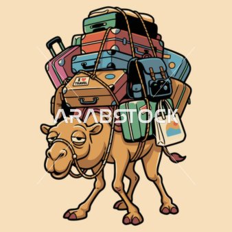 A poster of a travel camel loaded with bags, carrying a huge pile of bags, pink background, vector illustration.