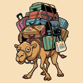 A poster of a travel camel loaded with bags, carrying a huge pile of bags, pink background, vector illustration.