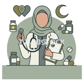 رسم توضيحي لممرضة عربية خليجية محجبة تحمل مخطط المريض والأدوية، تقديم الرعاية الصحية، فيكتور اليستريتور