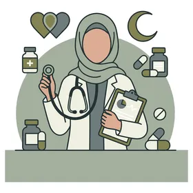 رسم توضيحي لممرضة عربية خليجية محجبة تحمل مخطط المريض والأدوية، تقديم الرعاية الصحية، فيكتور اليستريتور