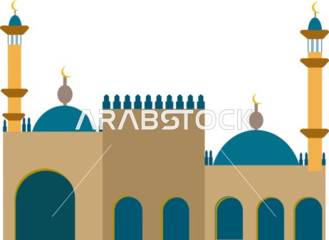رسم توضيحي لمسجد إسلامي بأقواس ومآذن، خلفية بيضاء، فيكتور اليستريتور