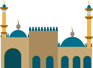 رسم توضيحي لمسجد إسلامي بأقواس ومآذن، خلفية بيضاء، فيكتور اليستريتور