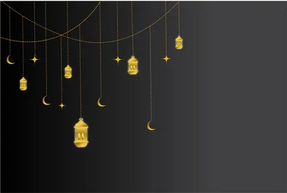 بطاقة تهنئة إسلامية مزينة بفوانيس معلقة ونجوم خلفية سوداء، فيكتور اليستريتور