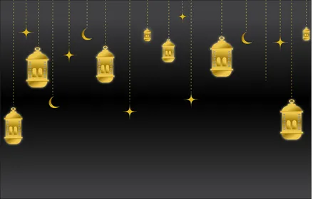 بطاقة تهنئة رمضانية أنيقة مزينة بفوانيس ذهبية ، خلفية سووداء، فيكتور اليستريتور