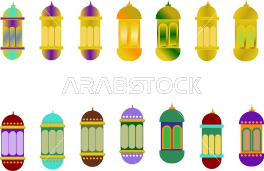 مجموعة فوانيس رمضانية مسطحة ومتدرجة الألوان لبطاقات المعايدة، خلفية بيضاء، فيكتور اليستريتور