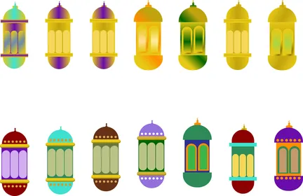 مجموعة فوانيس رمضانية مسطحة ومتدرجة الألوان لبطاقات المعايدة، خلفية بيضاء، فيكتور اليستريتور
