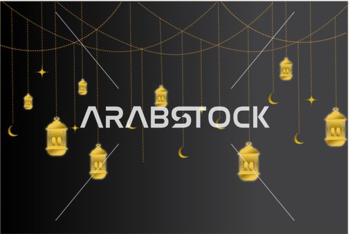زينة رمضانية فاخرة بتصميم اسلامي، فوانيس ذهبية معلقة ونجوم، خلفية سوداء، فيكتور اليستريتور