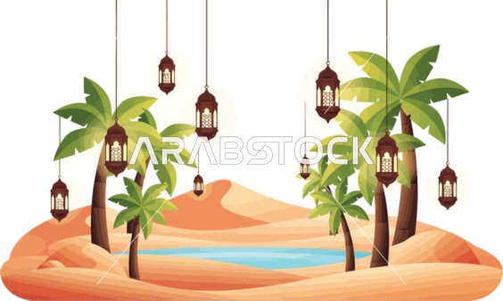 واحة صحراوية مع أشجار نخيل ، فوانيس معدنية رمضانية، اكسسوارات وزينة شهر رمضان المبارك، فيكتور اليستريتور