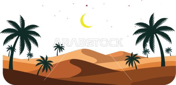 منظر طبيعي صحراوي، أشجار نخيل خضراء تحت الهلال، الكثبان الرملية الناعمة، فيكتور اليستريتور