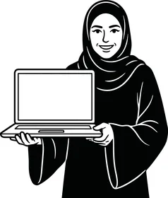 ادارة الأعمال والمهام المطلوبة، العمل عن بعد، استخدام جهاز تقني حديث ومتطور، امرأة عربية خليجية سعودية محجبة تحمل بيدها الحاسب المحمول، خلفية بيضاء، فيكتور اليستريتور