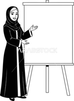 Business management and required tasks, purpose of coloring and education, a Saudi Arabian Gulf Arab woman in a hijab presenting a presentation using a whiteboard, white background, vector illustrator.