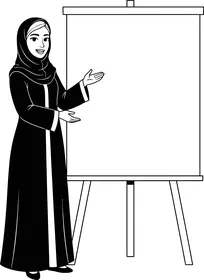 Business management and required tasks, purpose of coloring and education, a Saudi Arabian Gulf Arab woman in a hijab presenting a presentation using a whiteboard, white background, vector illustrator.