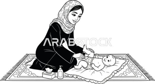Motherhood and childcare, for coloring and education purposes, a veiled Arab Gulf Saudi woman changing her baby's diaper on a patterned rug, white background, vector illustration.