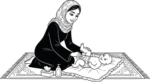Motherhood and childcare, for coloring and education purposes, a veiled Arab Gulf Saudi woman changing her baby's diaper on a patterned rug, white background, vector illustration.