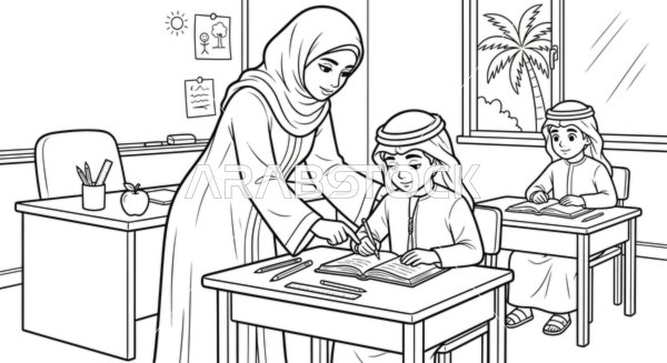 مهنة التعليم اسما المهن ، غرض التلوين والتعليم، امرأة عربية خليجية سعودية محجبة تساعد طالب داخل الفصل بحل المسائل، خلفية بيضاء، فيكتور اليستريتور