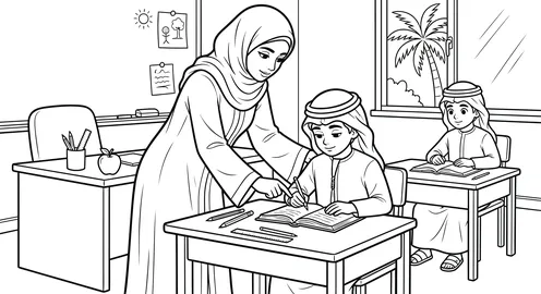 مهنة التعليم اسما المهن ، غرض التلوين والتعليم، امرأة عربية خليجية سعودية محجبة تساعد طالب داخل الفصل بحل المسائل، خلفية بيضاء، فيكتور اليستريتور