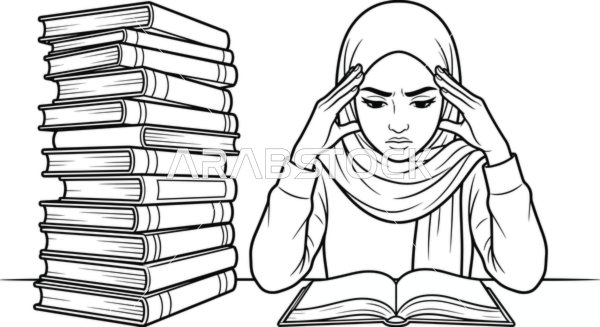 التعلم ودراسة الاختصاص ، غرض التلوين والتعليم، امرأة عربية خليجية سعودية محجبة تقوم بالذاكرة وتعاني من ضغط الدراسة، خلفية بيضاء، فيكتور اليستريتور