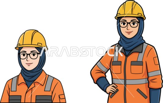 Women's professions and jobs, for coloring and education purposes, a Saudi Arabian Gulf woman wearing a hijab, an engineer in a safety outfit, white background, vector illustration.