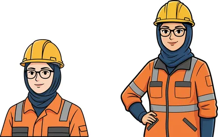 Women's professions and jobs, for coloring and education purposes, a Saudi Arabian Gulf woman wearing a hijab, an engineer in a safety outfit, white background, vector illustration.