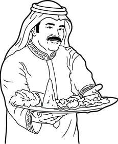 Vector sketch of an Arab Gulf Saudi man wearing traditional Arab attire holding a plate of food, white background, vector illustrator.